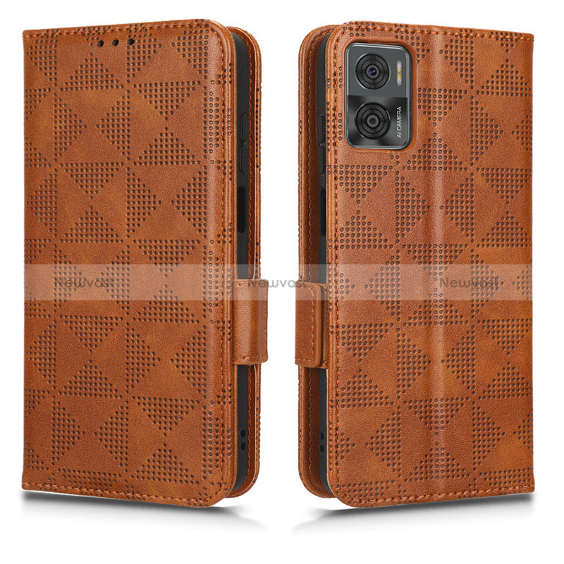 Leather Case Stands Flip Cover Holder C02X for Motorola Moto E22 Brown