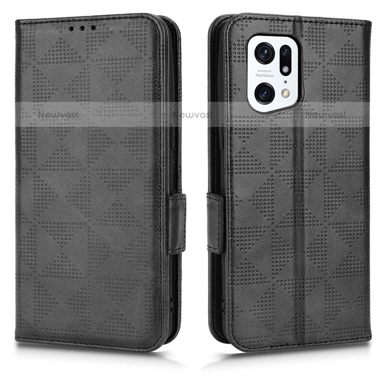 Leather Case Stands Flip Cover Holder C02X for Oppo Find X5 Pro 5G Black