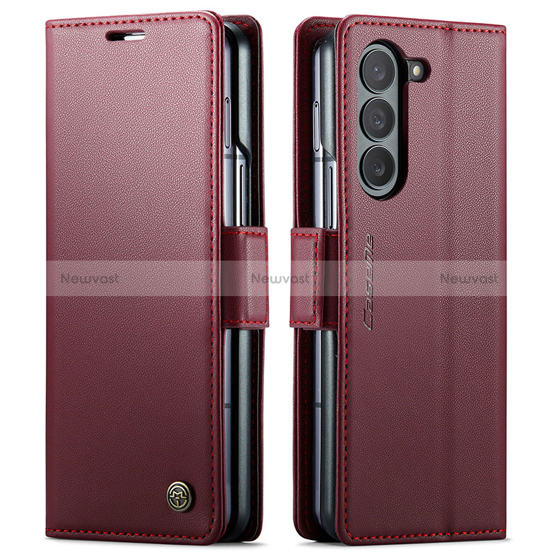 Leather Case Stands Flip Cover Holder C03S for Samsung Galaxy Z Fold5 5G Red Wine