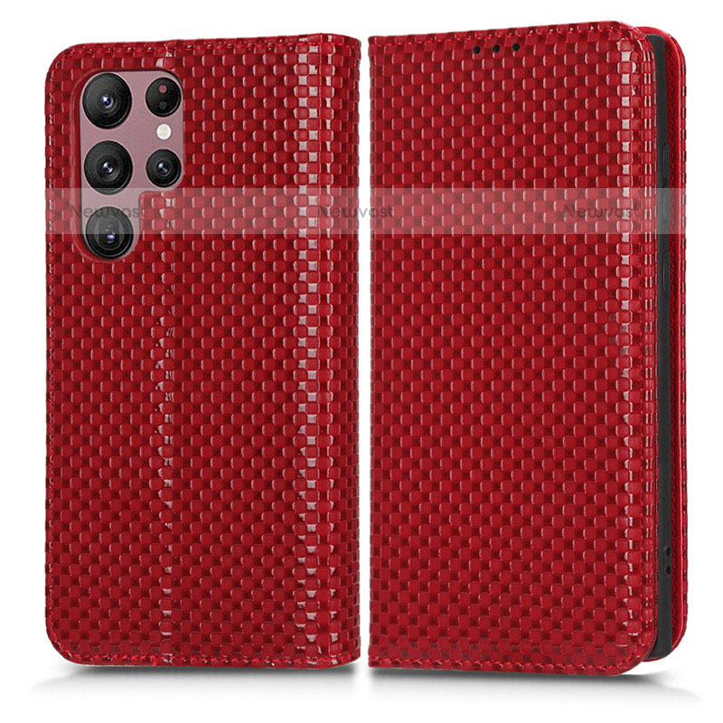 Leather Case Stands Flip Cover Holder C03X for Samsung Galaxy S23 Ultra 5G Red