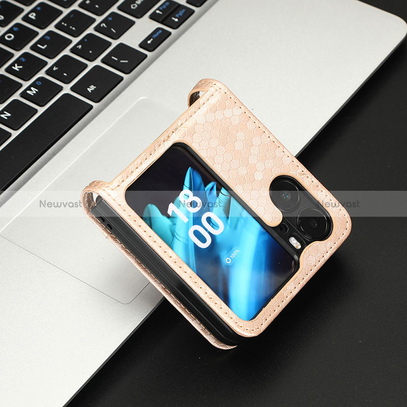 Leather Case Stands Flip Cover Holder C04X for Oppo Find N2 Flip 5G Gold