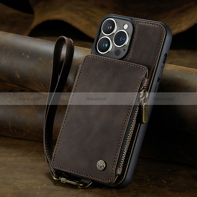 Leather Case Stands Flip Cover Holder C05S for Apple iPhone 14 Pro Brown