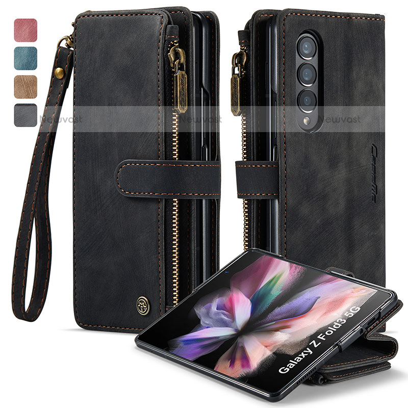 Leather Case Stands Flip Cover Holder C05S for Samsung Galaxy Z Fold3 5G Black