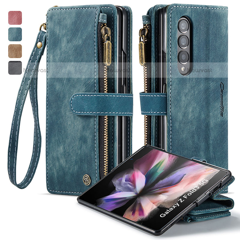 Leather Case Stands Flip Cover Holder C05S for Samsung Galaxy Z Fold3 5G Blue