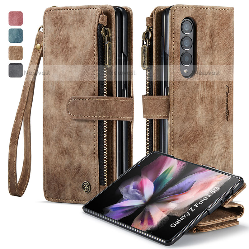 Leather Case Stands Flip Cover Holder C05S for Samsung Galaxy Z Fold3 5G Brown