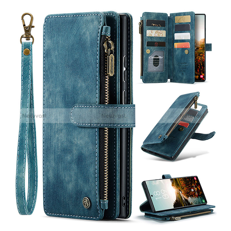 Leather Case Stands Flip Cover Holder C07S for Samsung Galaxy S24 Ultra 5G Blue