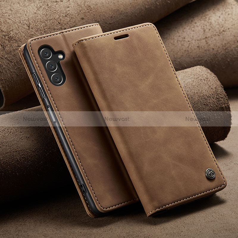 Leather Case Stands Flip Cover Holder C09S for Samsung Galaxy A04s Light Brown