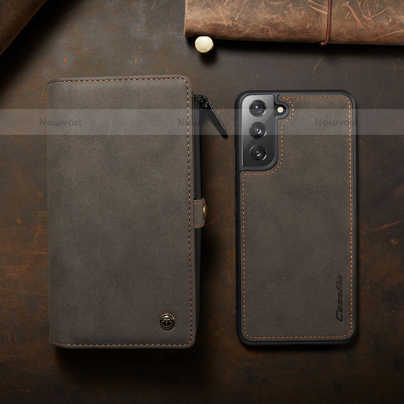 Leather Case Stands Flip Cover Holder C09S for Samsung Galaxy S21 5G Brown