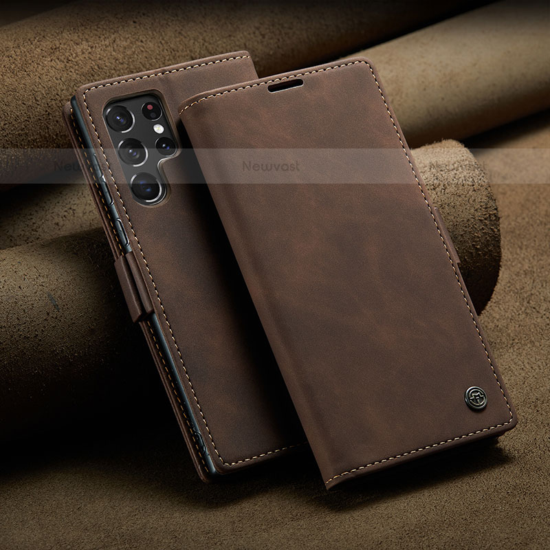 Leather Case Stands Flip Cover Holder C10S for Samsung Galaxy S22 Ultra 5G Brown