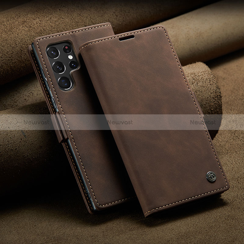 Leather Case Stands Flip Cover Holder C10S for Samsung Galaxy S25 Ultra 5G Brown