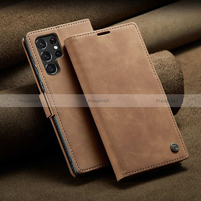 Leather Case Stands Flip Cover Holder C10S for Samsung Galaxy S25 Ultra 5G Light Brown