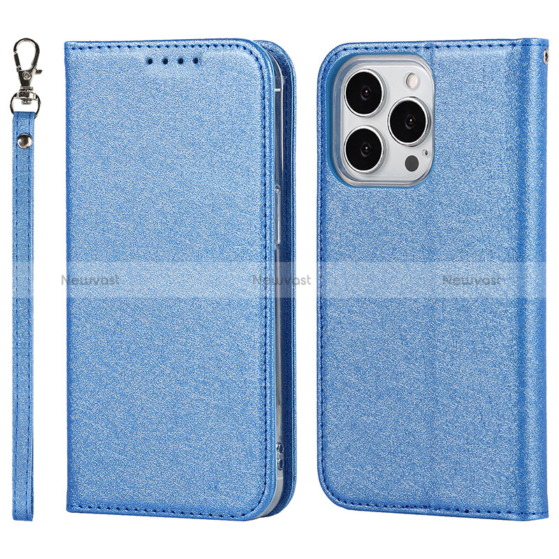 Leather Case Stands Flip Cover Holder D01T for Apple iPhone 15 Pro Max Blue