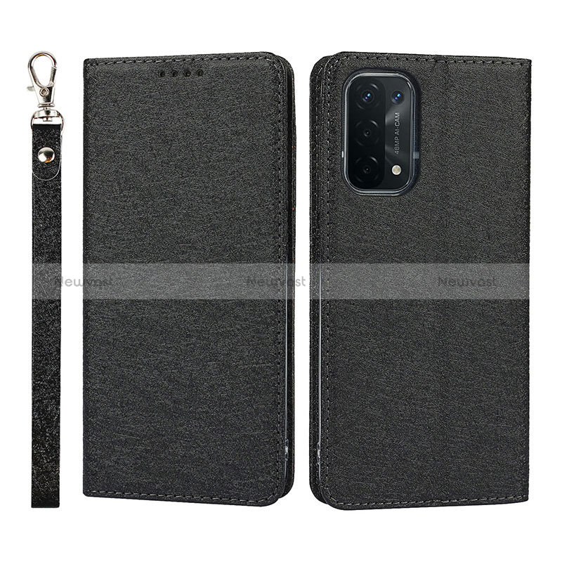 Leather Case Stands Flip Cover Holder D01T for Oppo A74 5G Black