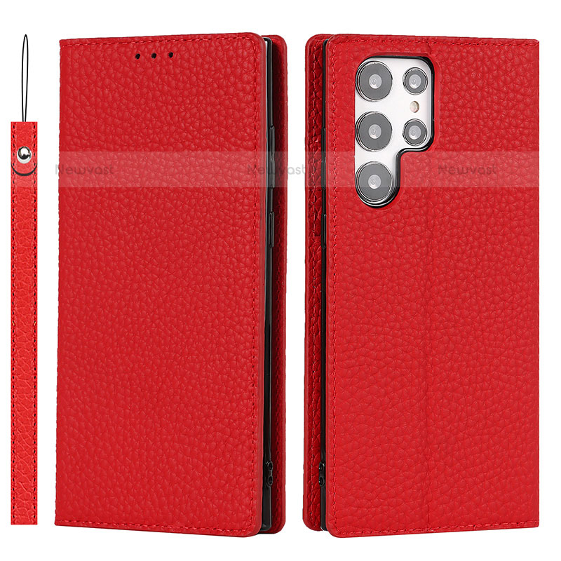 Leather Case Stands Flip Cover Holder D01T for Samsung Galaxy S21 Ultra 5G Red