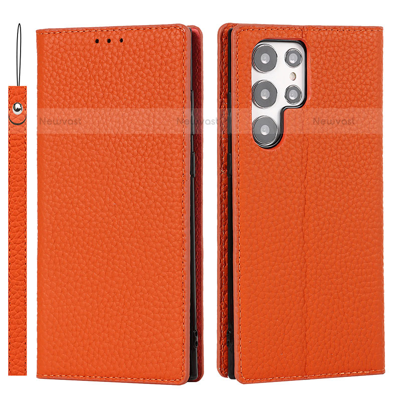 Leather Case Stands Flip Cover Holder D01T for Samsung Galaxy S23 Ultra 5G Orange