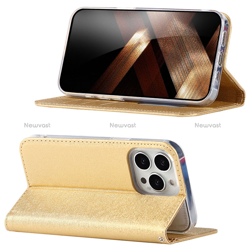 Leather Case Stands Flip Cover Holder D02T for Apple iPhone 16 Pro Max Gold