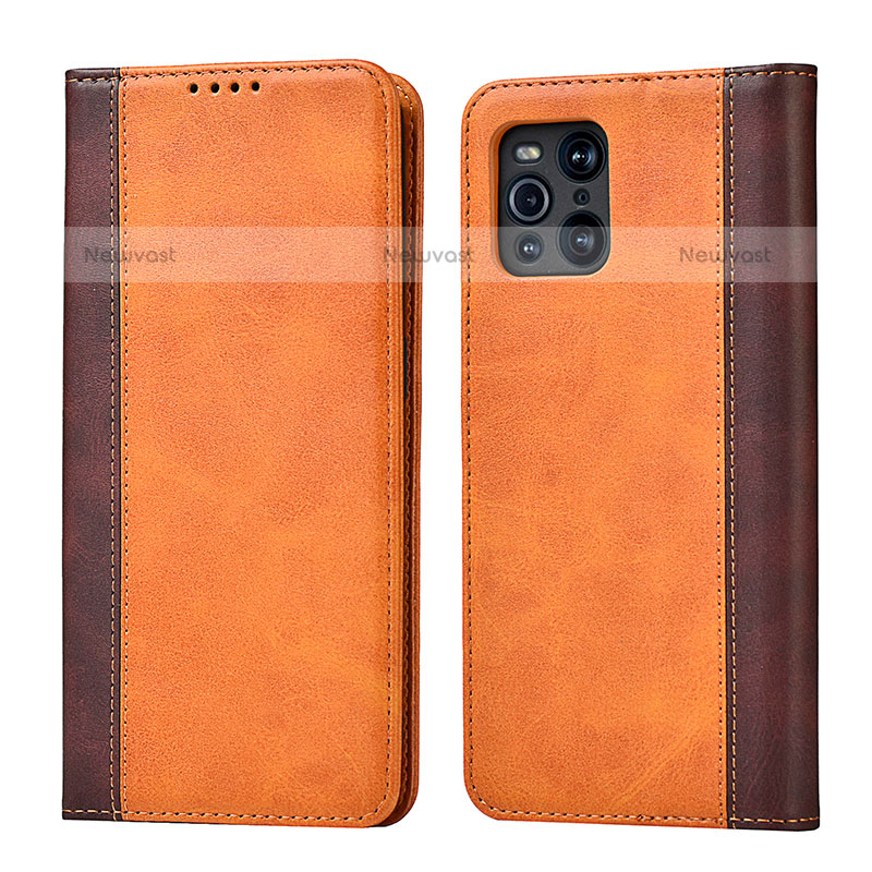 Leather Case Stands Flip Cover Holder D02T for Oppo Find X3 Pro 5G Brown