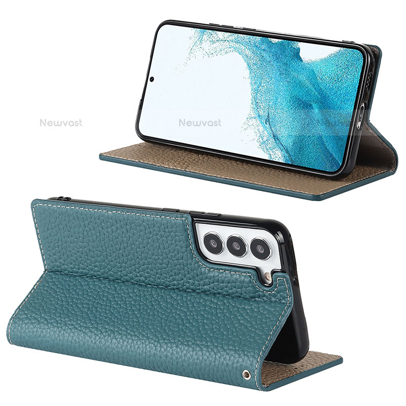 Leather Case Stands Flip Cover Holder D02T for Samsung Galaxy S21 FE 5G Mint Blue