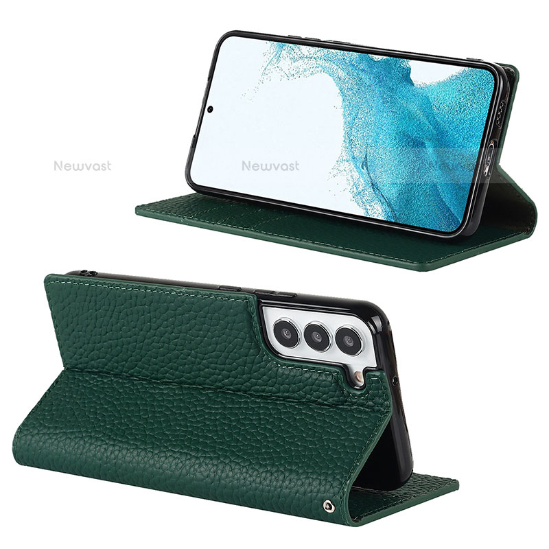 Leather Case Stands Flip Cover Holder D02T for Samsung Galaxy S22 5G Green