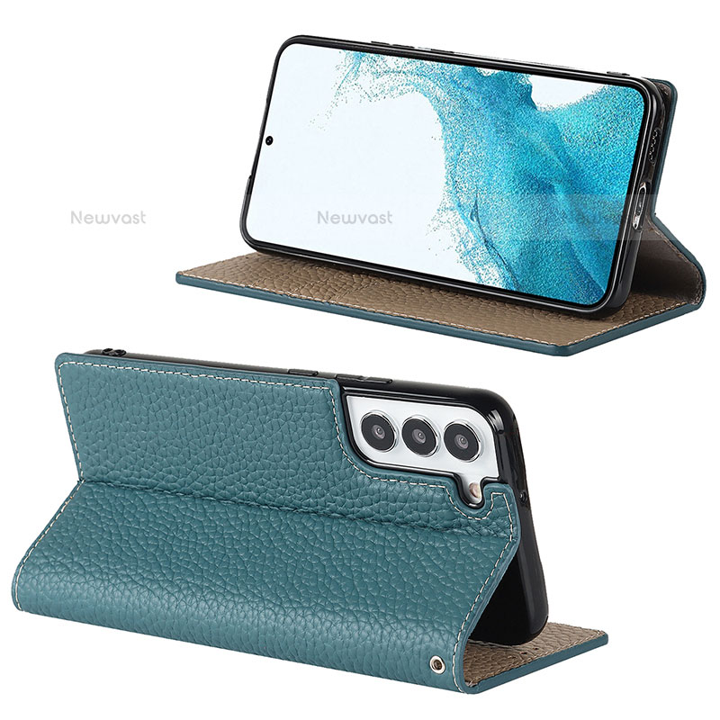 Leather Case Stands Flip Cover Holder D02T for Samsung Galaxy S22 5G Mint Blue