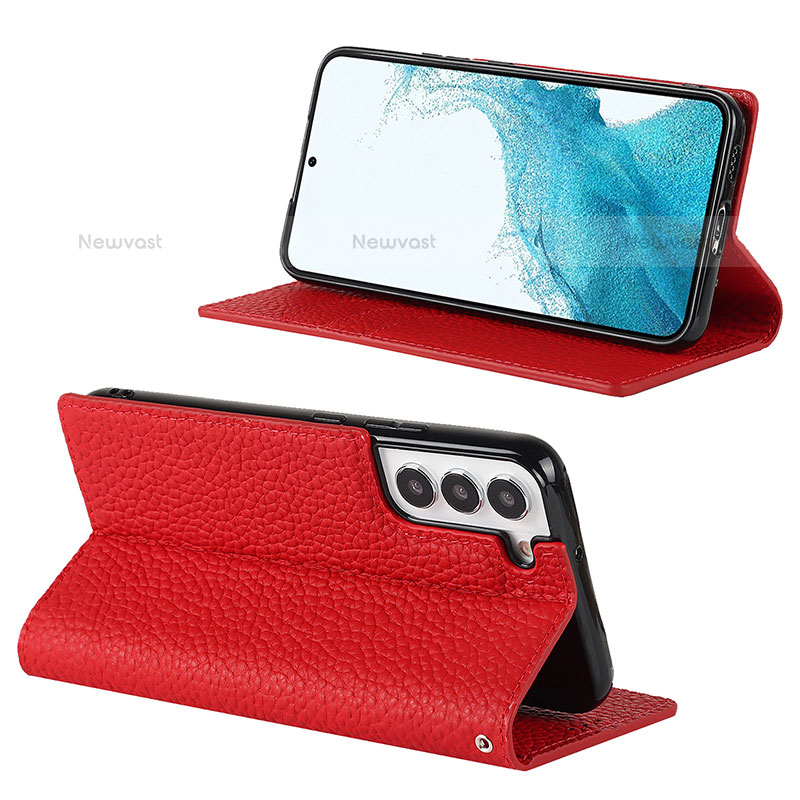 Leather Case Stands Flip Cover Holder D02T for Samsung Galaxy S22 5G Red