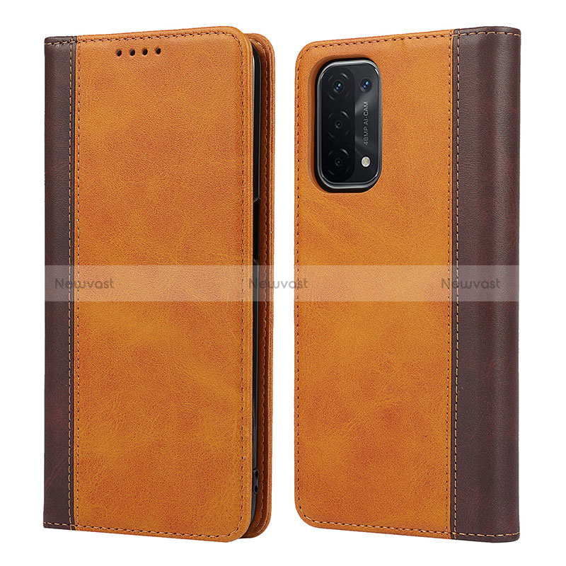 Leather Case Stands Flip Cover Holder D03T for Oppo A54 5G Brown