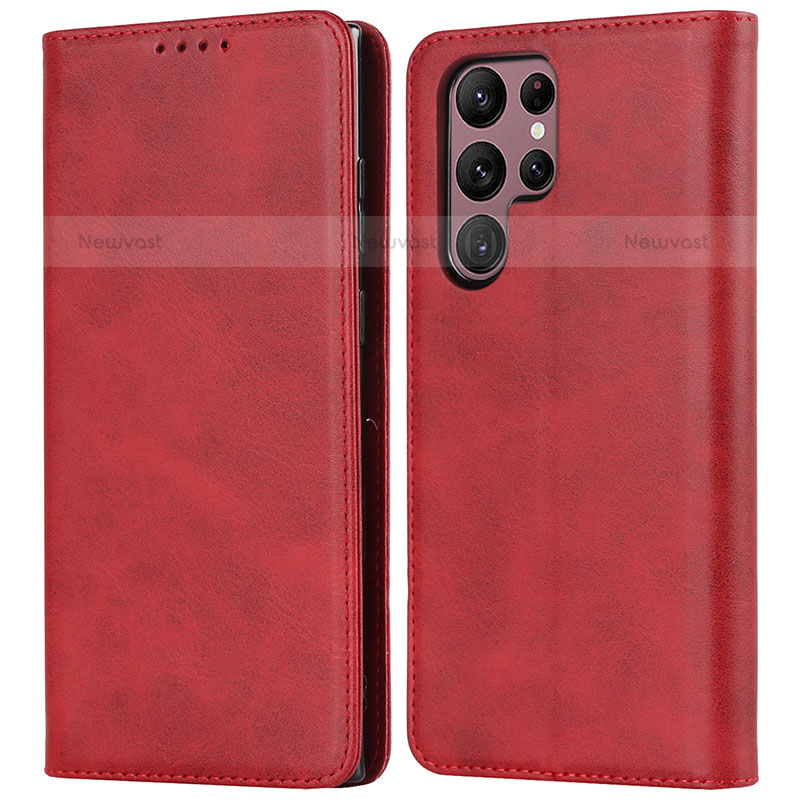 Leather Case Stands Flip Cover Holder D03T for Samsung Galaxy S23 Ultra 5G Red