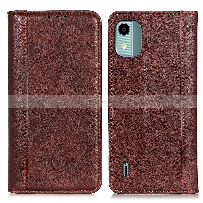 Leather Case Stands Flip Cover Holder D03Y for Nokia C12 Brown