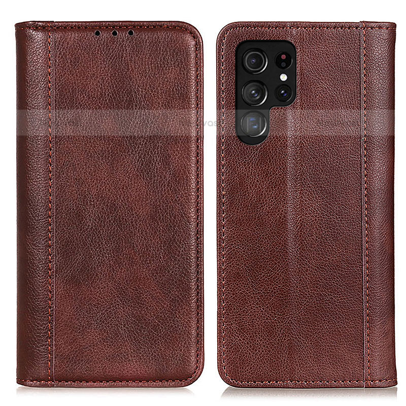 Leather Case Stands Flip Cover Holder D03Y for Samsung Galaxy S21 Ultra 5G Brown