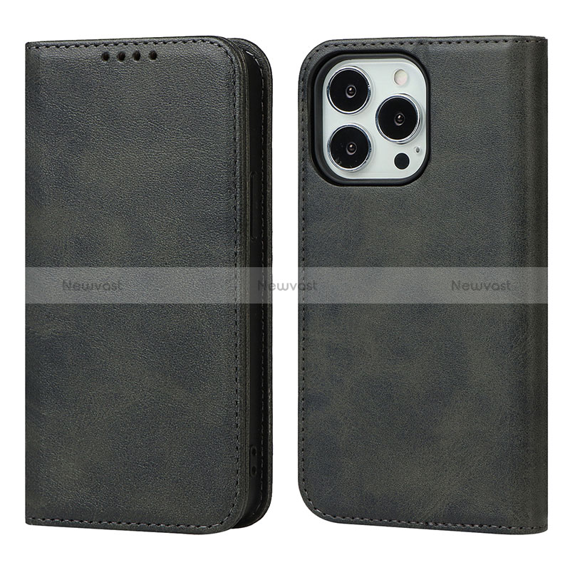 Leather Case Stands Flip Cover Holder D04T for Apple iPhone 13 Pro Black