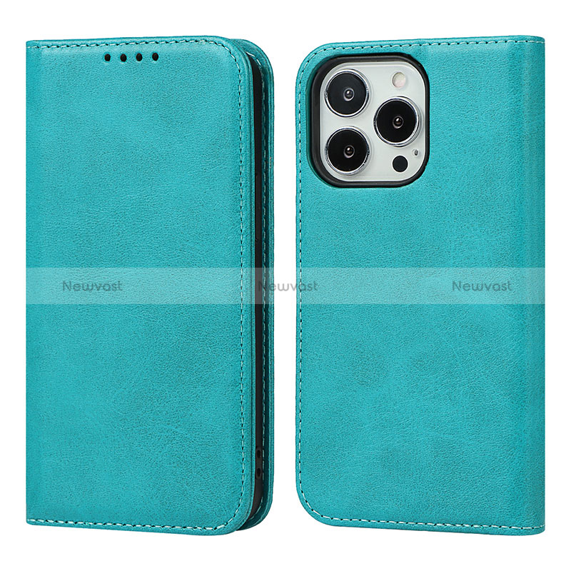 Leather Case Stands Flip Cover Holder D04T for Apple iPhone 13 Pro Cyan