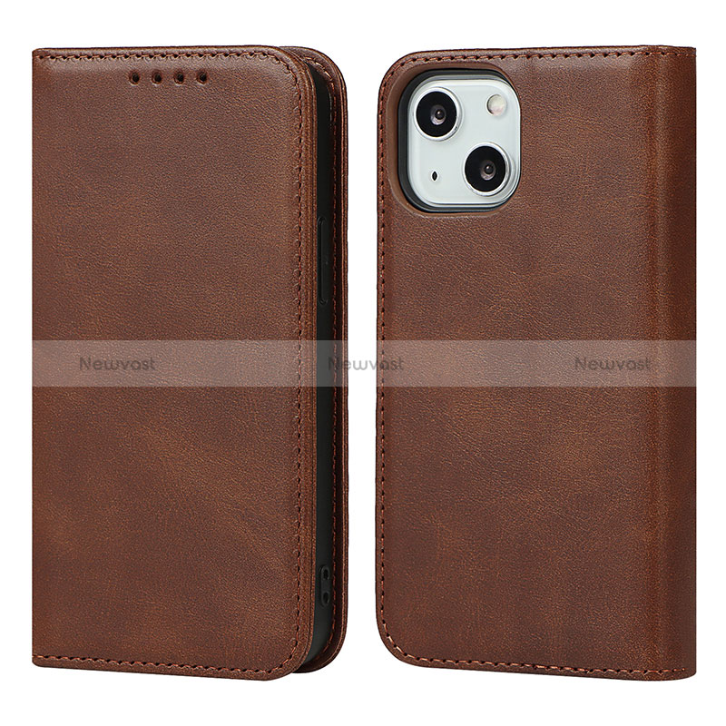 Leather Case Stands Flip Cover Holder D04T for Apple iPhone 14 Brown