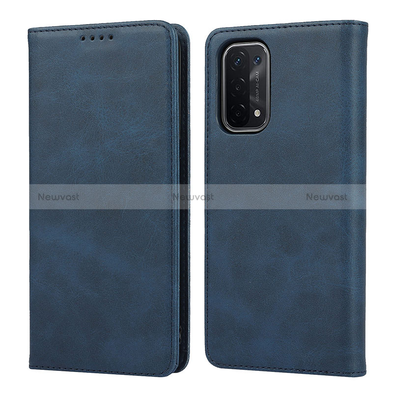 Leather Case Stands Flip Cover Holder D04T for Oppo A54 5G Blue