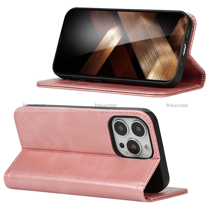 Leather Case Stands Flip Cover Holder D05T for Apple iPhone 15 Pro Pink