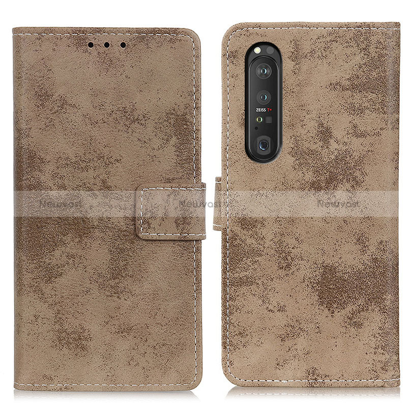 Leather Case Stands Flip Cover Holder D05Y for Sony Xperia 1 III Khaki