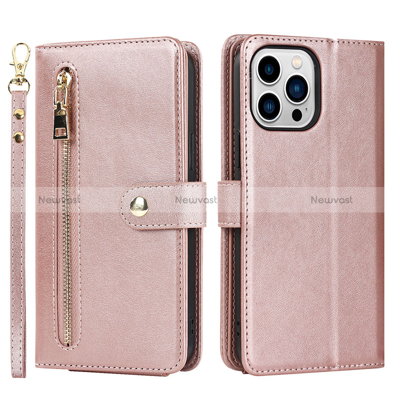 Leather Case Stands Flip Cover Holder D06T for Apple iPhone 16 Pro Rose Gold