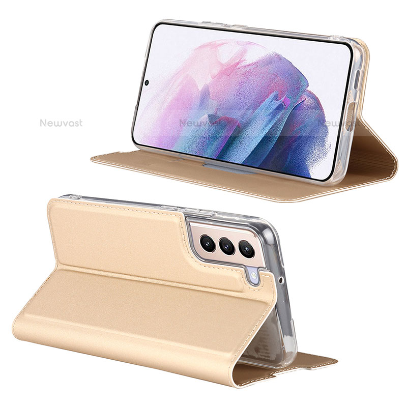 Leather Case Stands Flip Cover Holder D06T for Samsung Galaxy S21 5G Gold