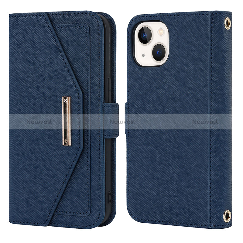 Leather Case Stands Flip Cover Holder D07T for Apple iPhone 13 Blue