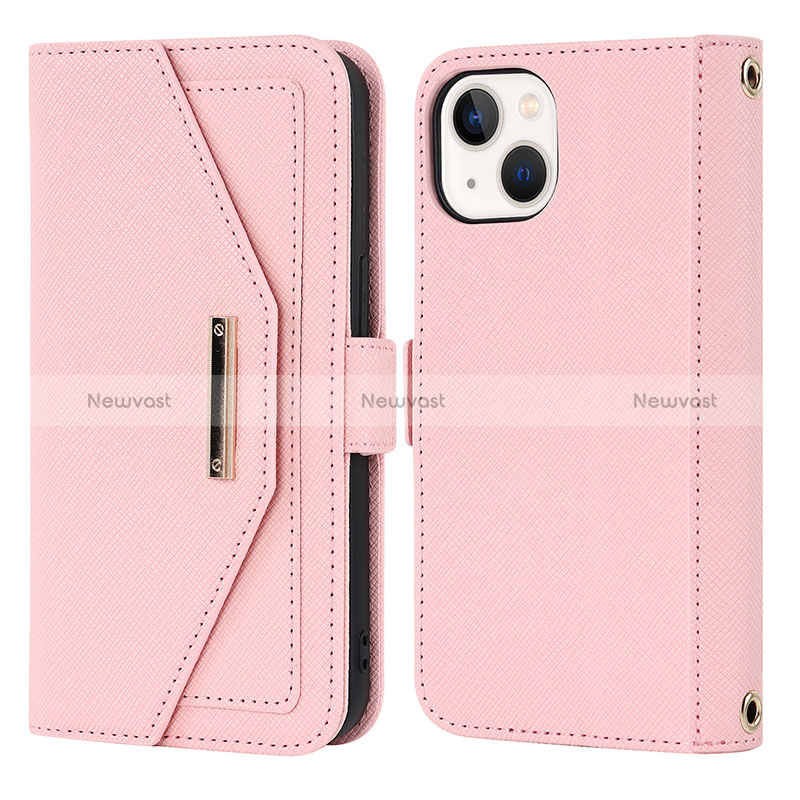 Leather Case Stands Flip Cover Holder D07T for Apple iPhone 13 Rose Gold