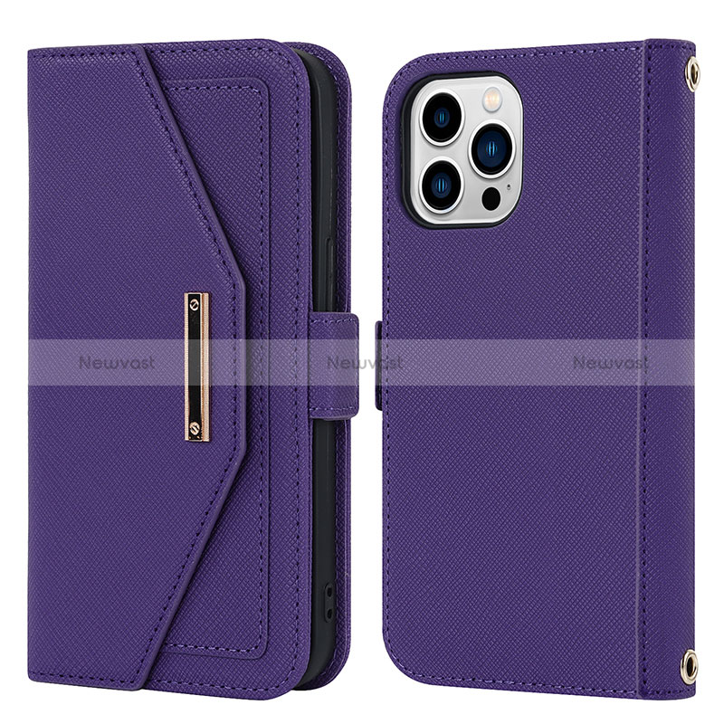 Leather Case Stands Flip Cover Holder D07T for Apple iPhone 14 Pro Purple
