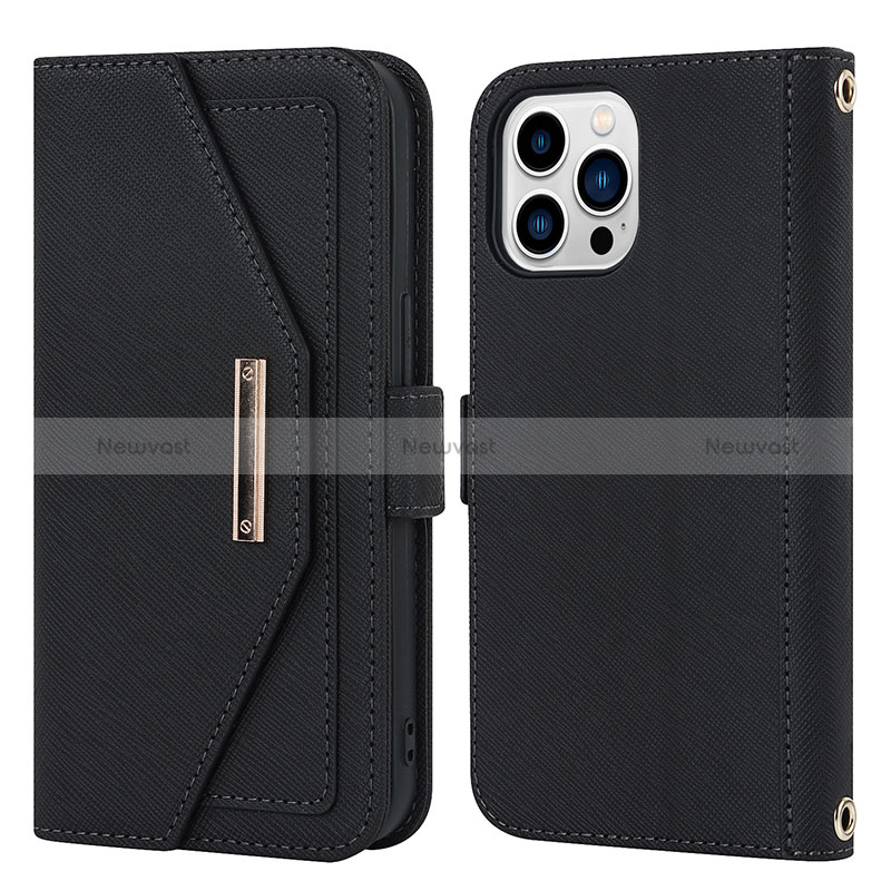 Leather Case Stands Flip Cover Holder D07T for Apple iPhone 15 Pro Max Black