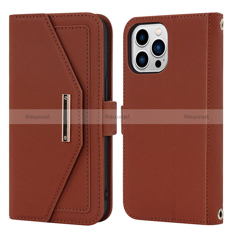 Leather Case Stands Flip Cover Holder D07T for Apple iPhone 15 Pro Max Brown