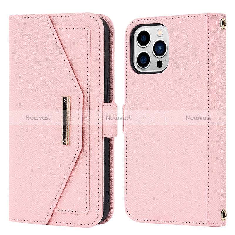 Leather Case Stands Flip Cover Holder D07T for Apple iPhone 15 Pro Rose Gold