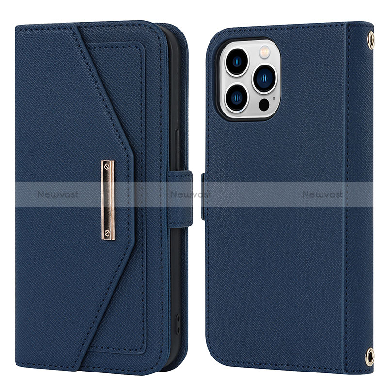 Leather Case Stands Flip Cover Holder D07T for Apple iPhone 16 Pro Blue