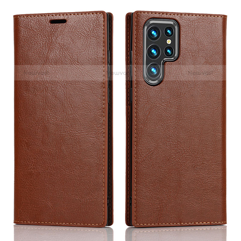 Leather Case Stands Flip Cover Holder D07T for Samsung Galaxy S21 Ultra 5G Light Brown