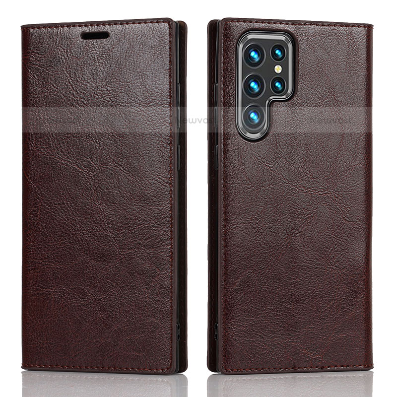 Leather Case Stands Flip Cover Holder D07T for Samsung Galaxy S23 Ultra 5G Brown