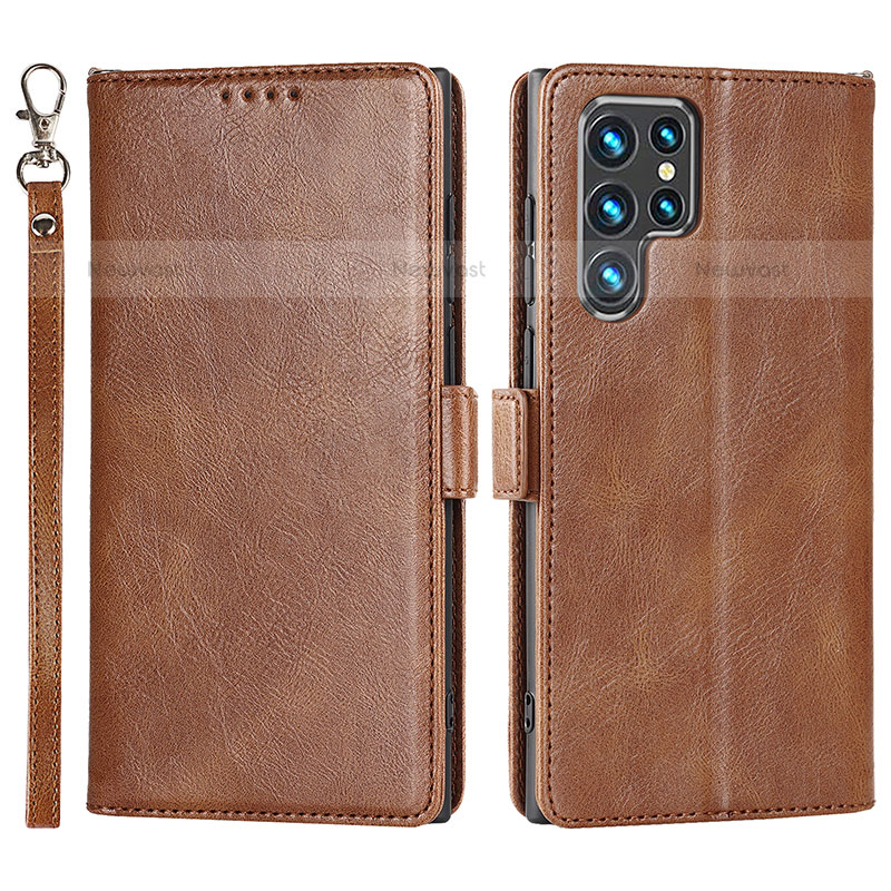 Leather Case Stands Flip Cover Holder D09T for Samsung Galaxy S21 Ultra 5G Brown