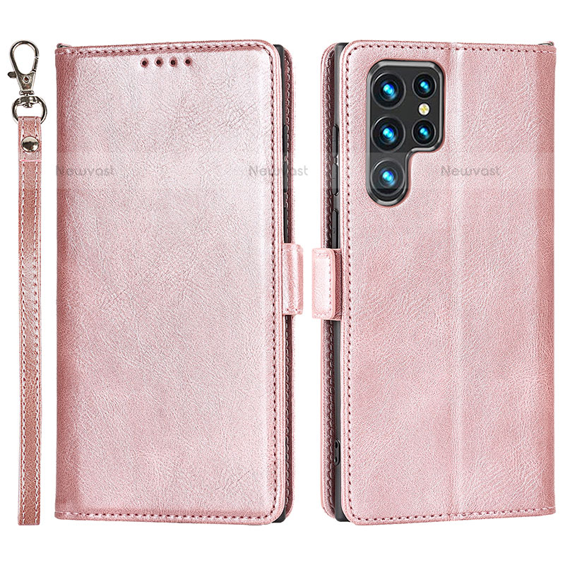 Leather Case Stands Flip Cover Holder D09T for Samsung Galaxy S23 Ultra 5G Rose Gold