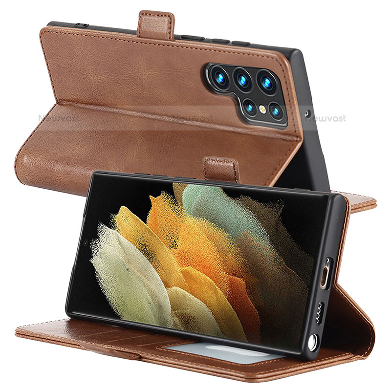 Leather Case Stands Flip Cover Holder D10T for Samsung Galaxy S22 Ultra 5G Brown