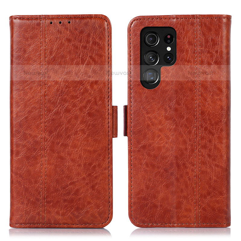 Leather Case Stands Flip Cover Holder D11Y for Samsung Galaxy S23 Ultra 5G Brown